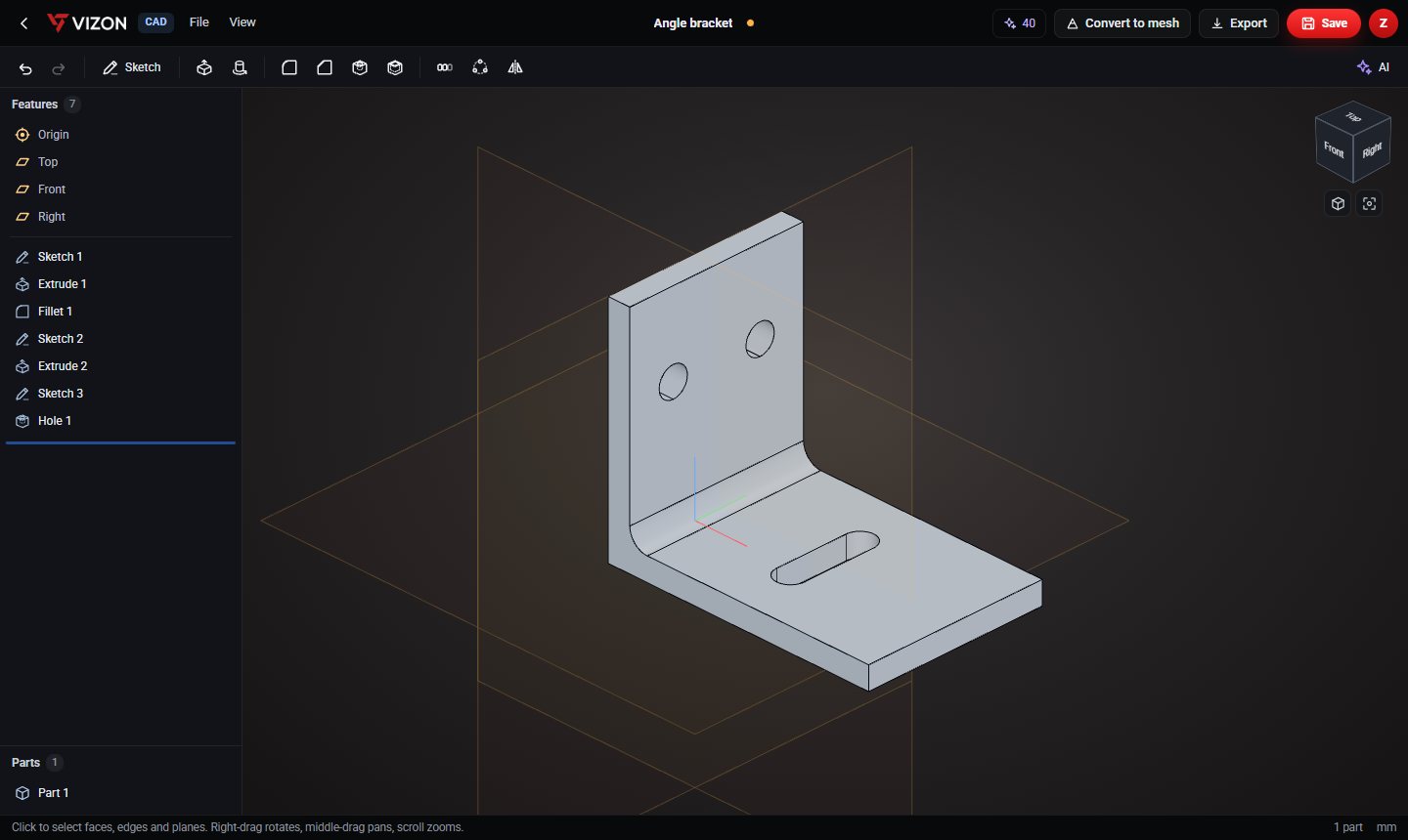 Angle bracket parametric CAD model in the VIZON CAD editor