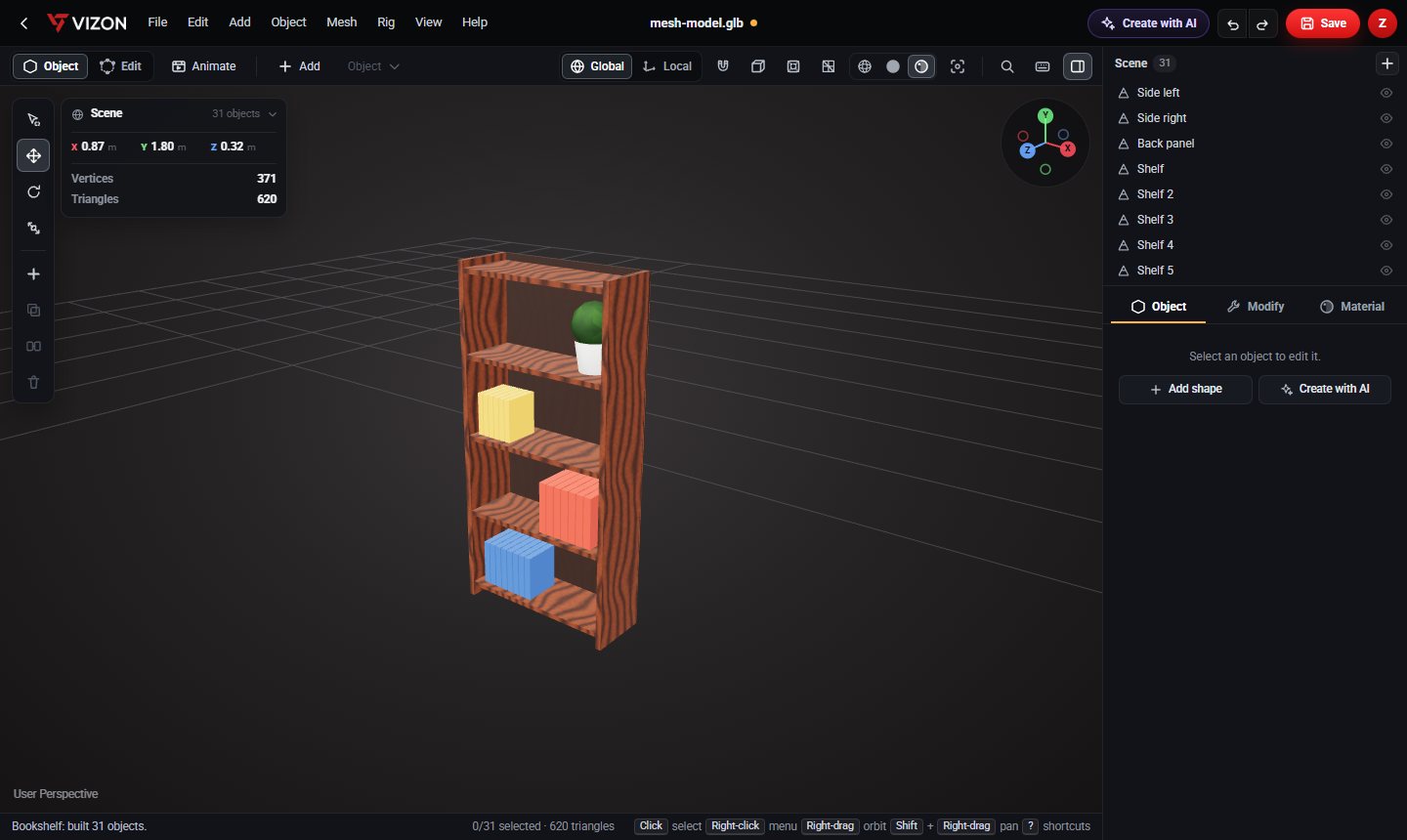 Bookshelf 3D model in the VIZON 3D Model Creator