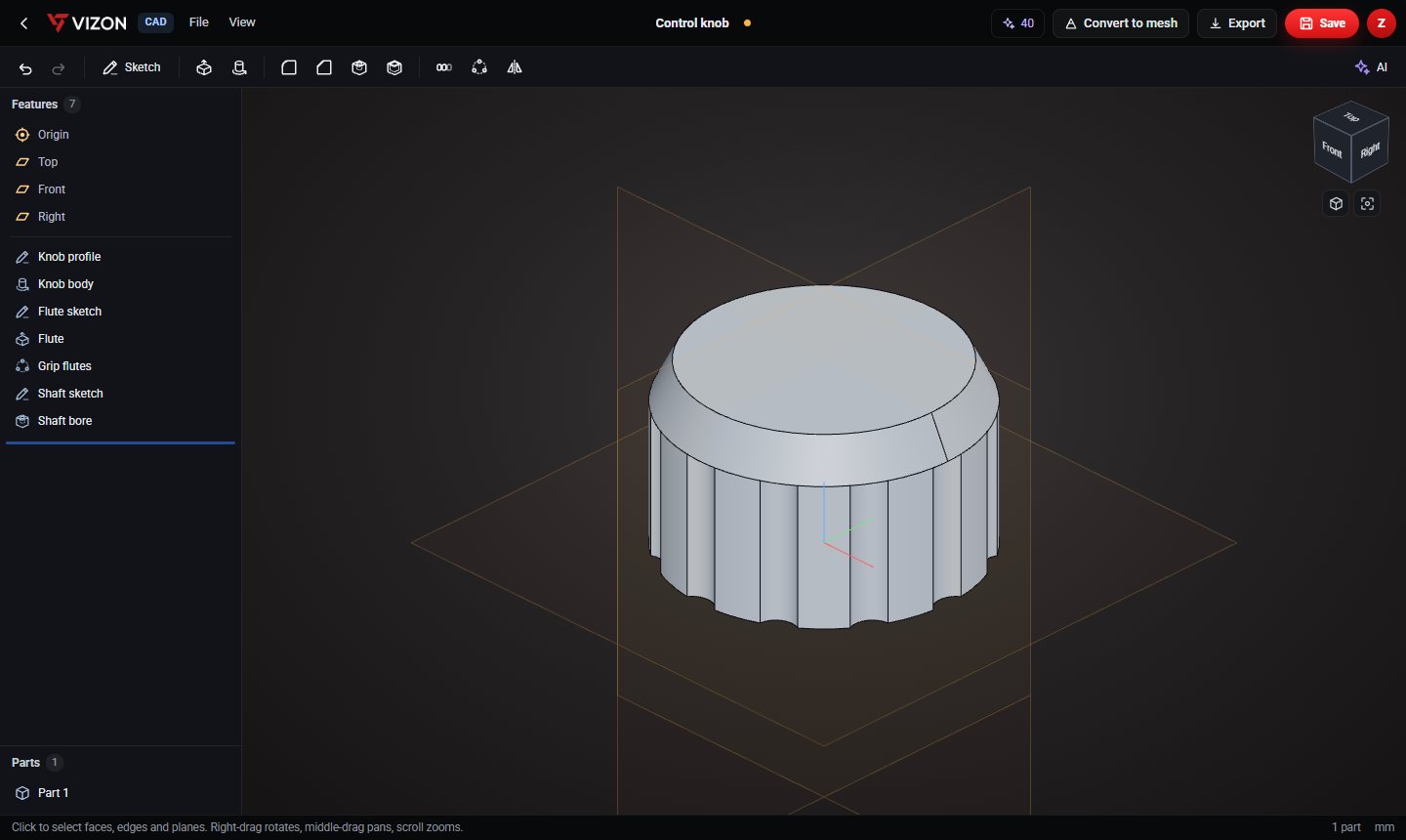 Control knob parametric CAD model in the VIZON CAD editor