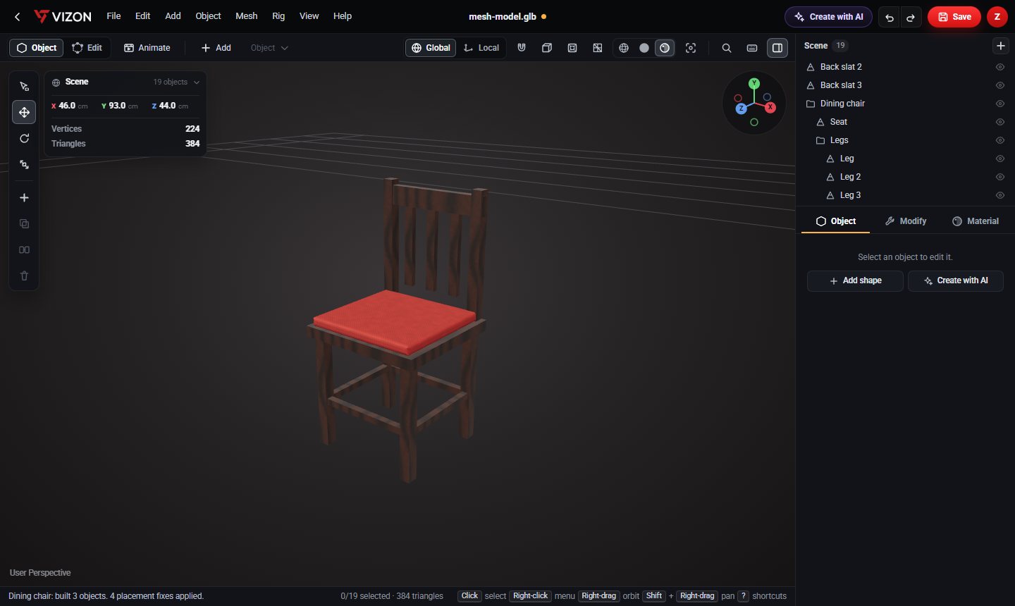 Dining chair 3D model in the VIZON 3D Model Creator