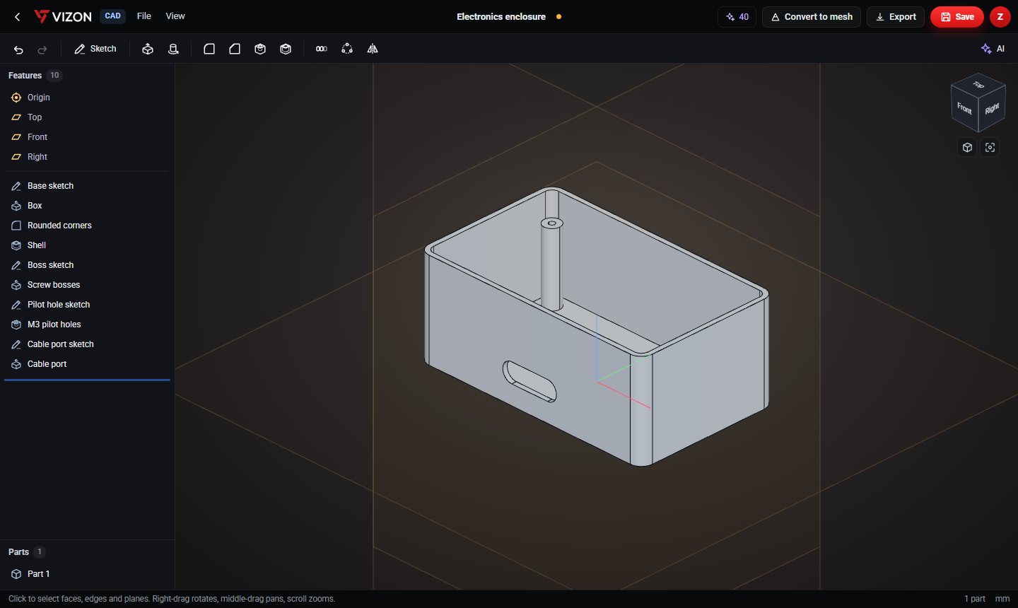 Electronics enclosure parametric CAD model in the VIZON CAD editor