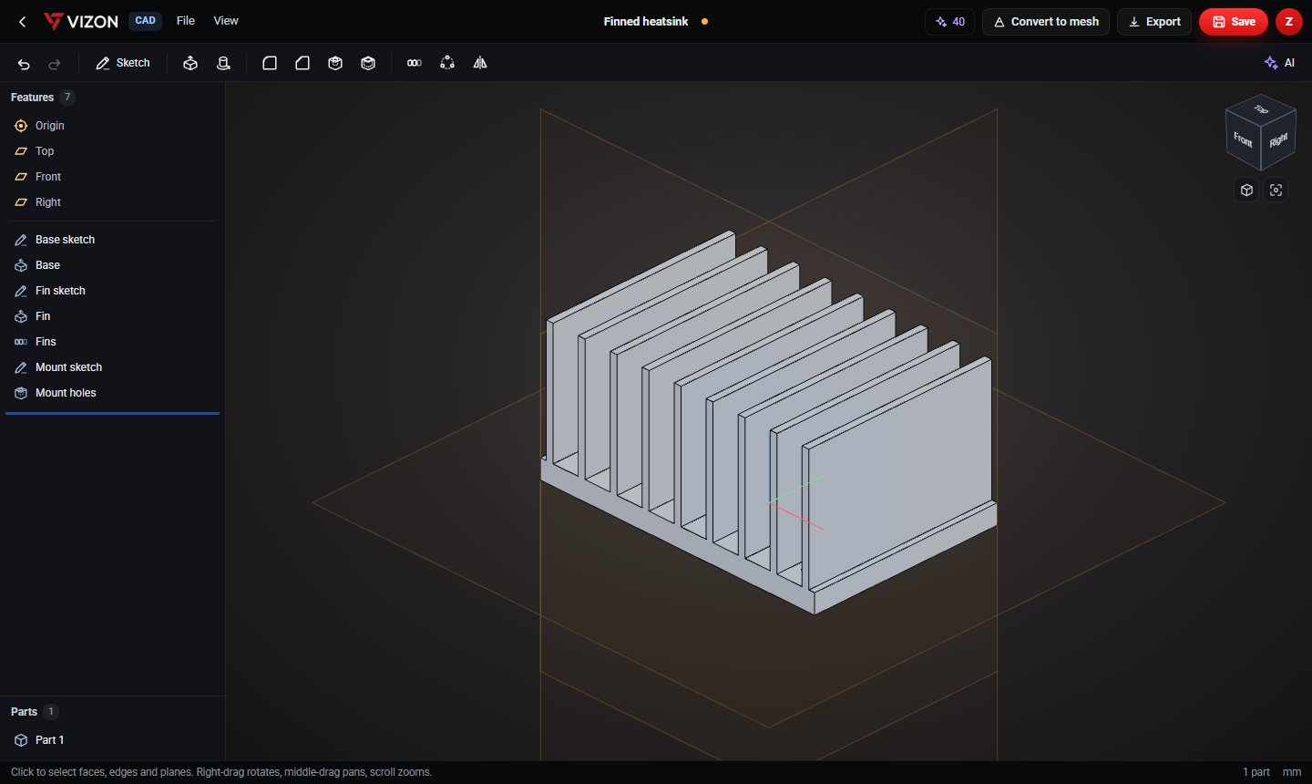 Finned heatsink parametric CAD model in the VIZON CAD editor
