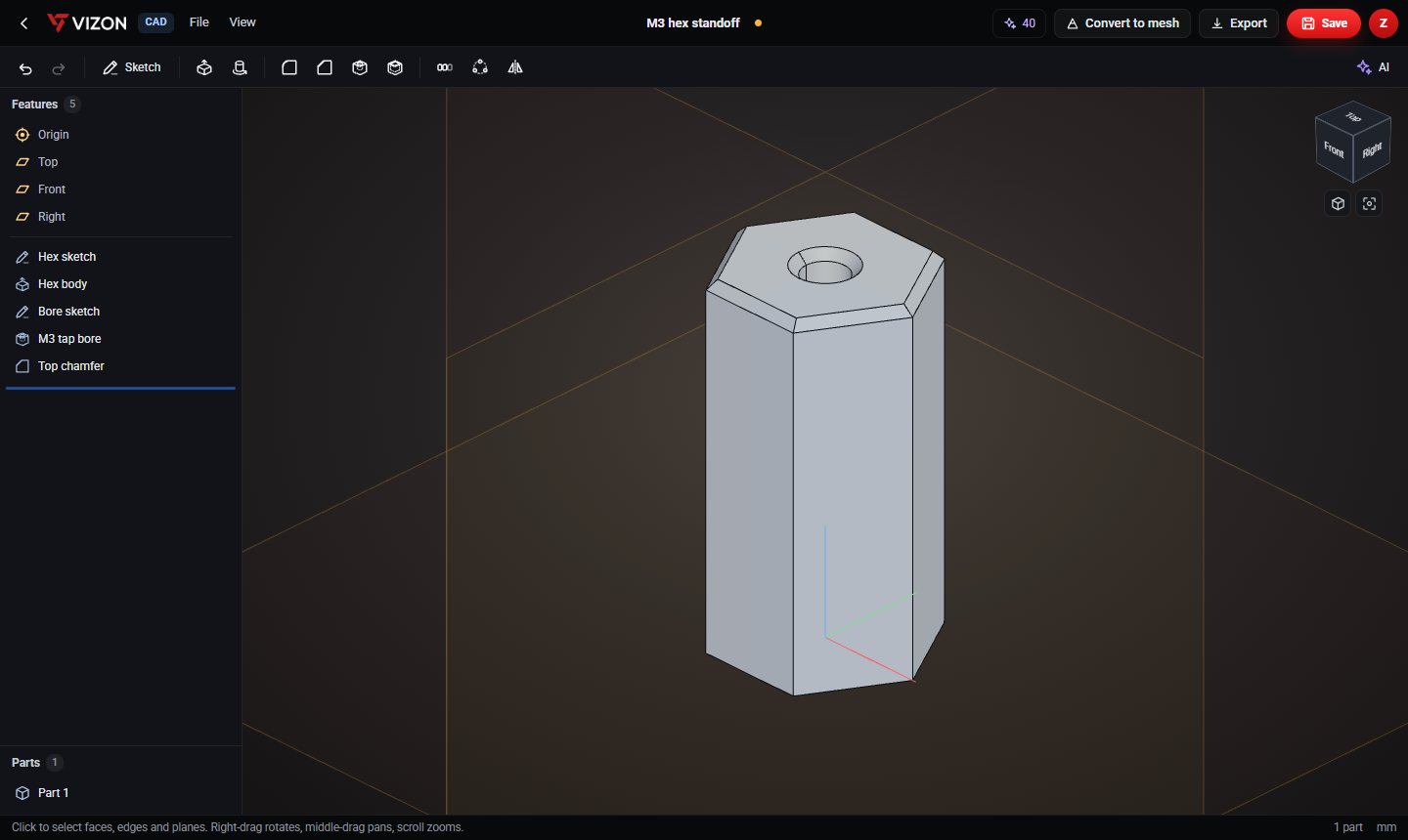 M3 hex standoff parametric CAD model in the VIZON CAD editor