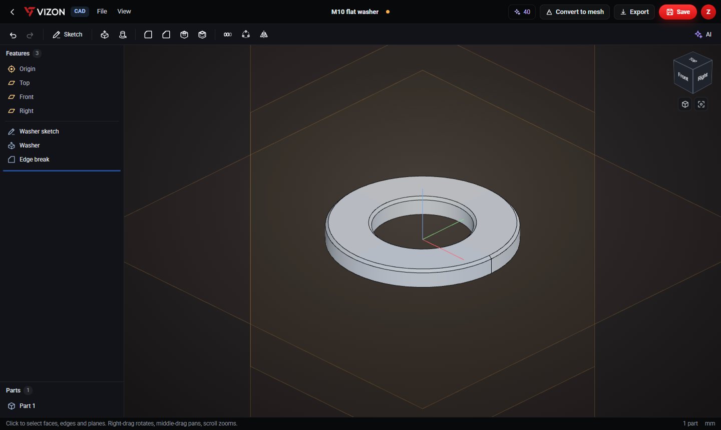 M10 flat washer parametric CAD model in the VIZON CAD editor