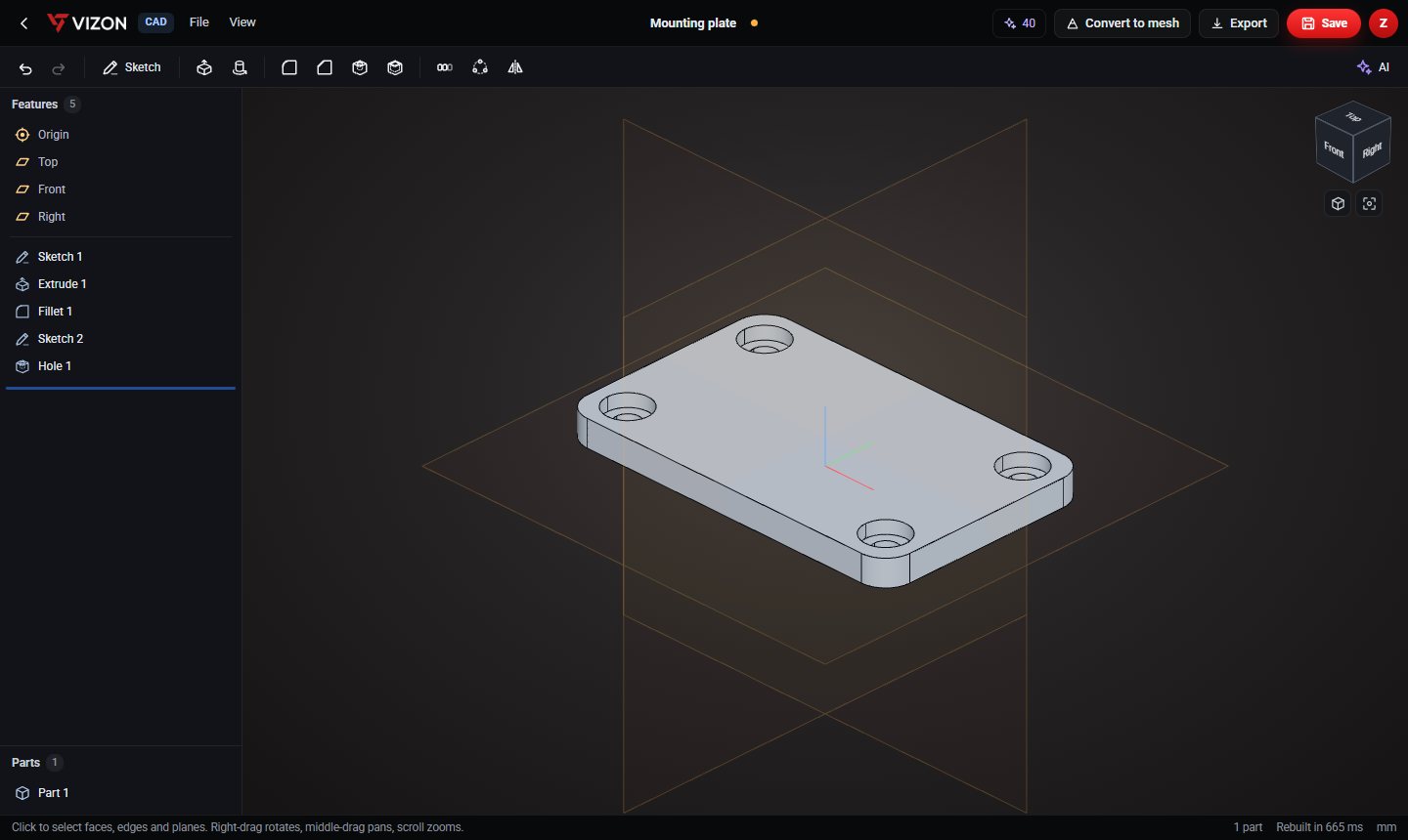 Mounting plate parametric CAD model in the VIZON CAD editor