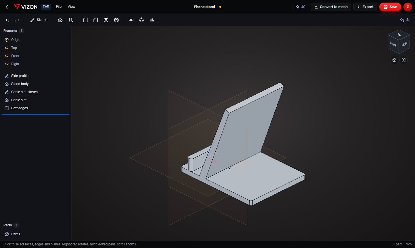 Phone stand parametric CAD model in the VIZON CAD editor