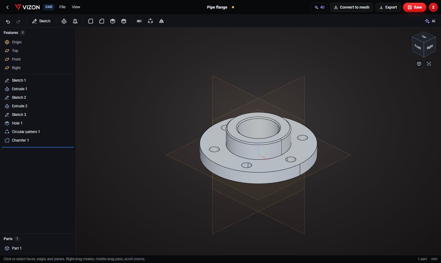 Pipe flange parametric CAD model in the VIZON CAD editor