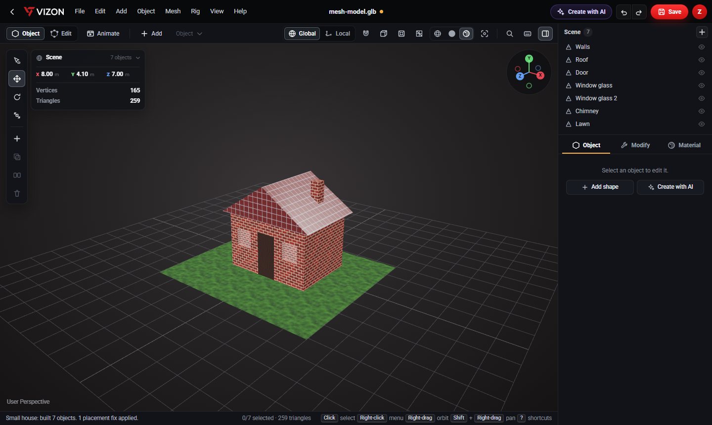 Small house 3D model in the VIZON 3D Model Creator