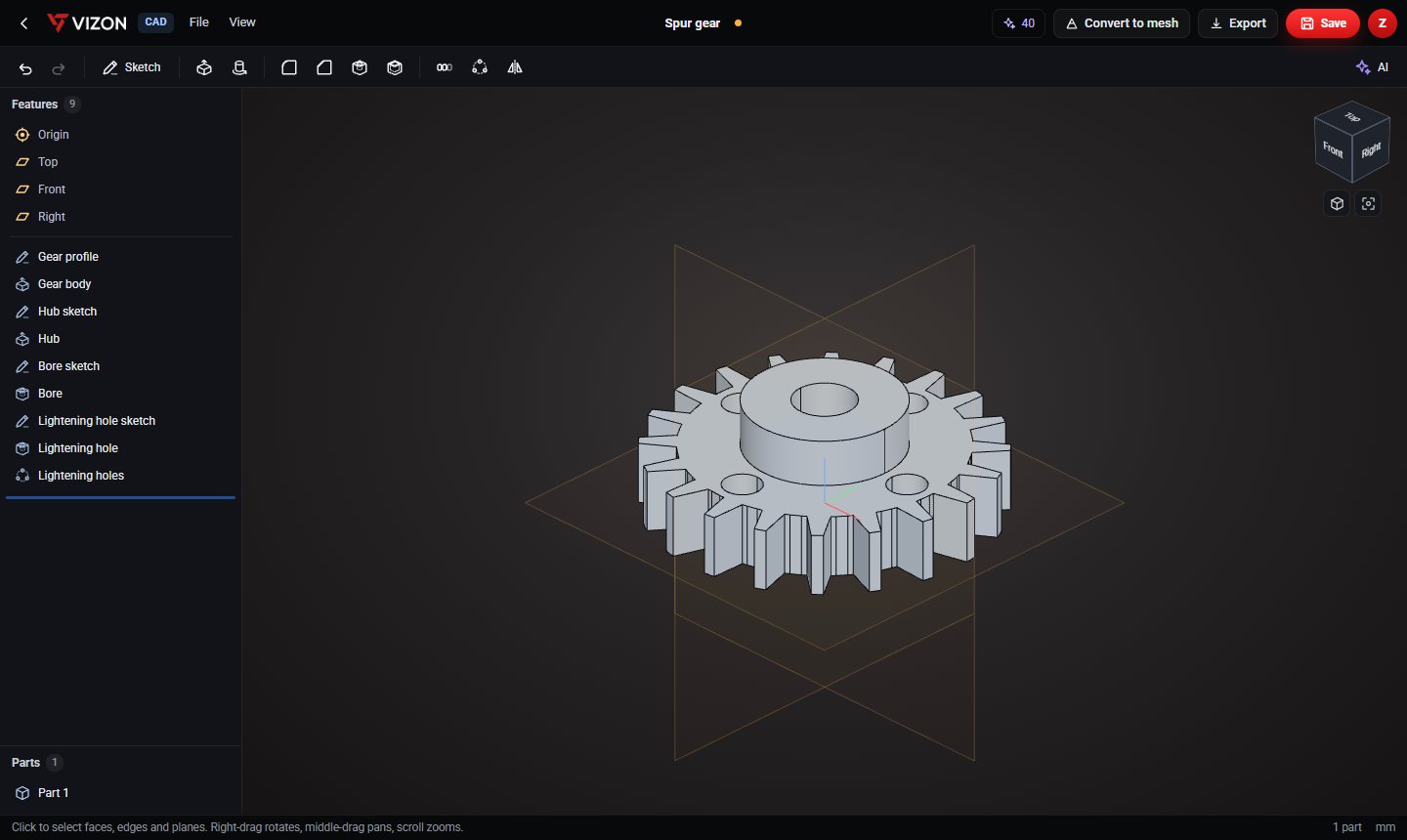 Spur gear parametric CAD model in the VIZON CAD editor