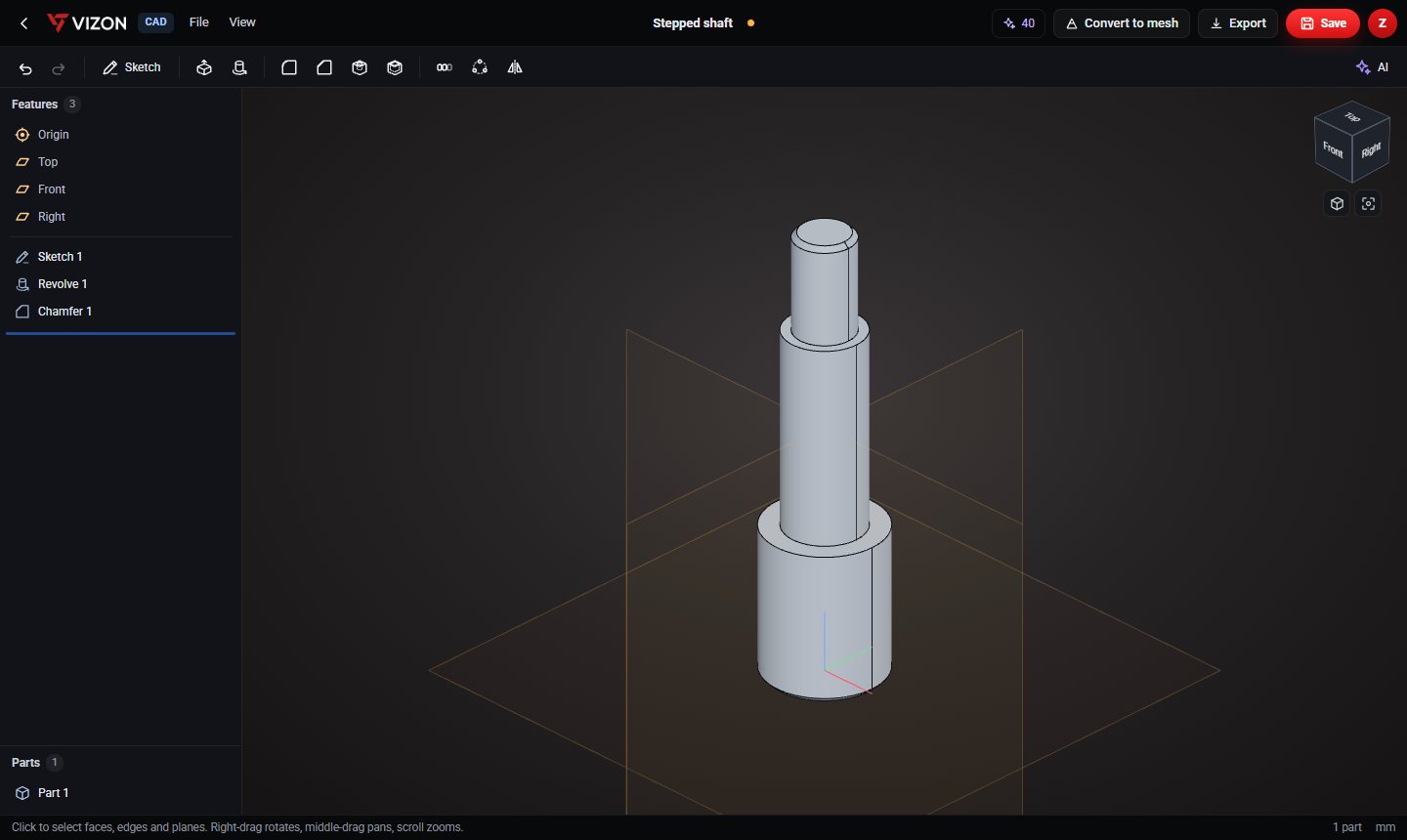 Stepped shaft parametric CAD model in the VIZON CAD editor