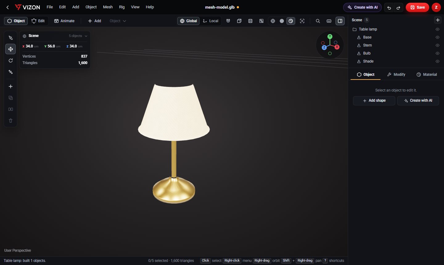Table lamp 3D model in the VIZON 3D Model Creator