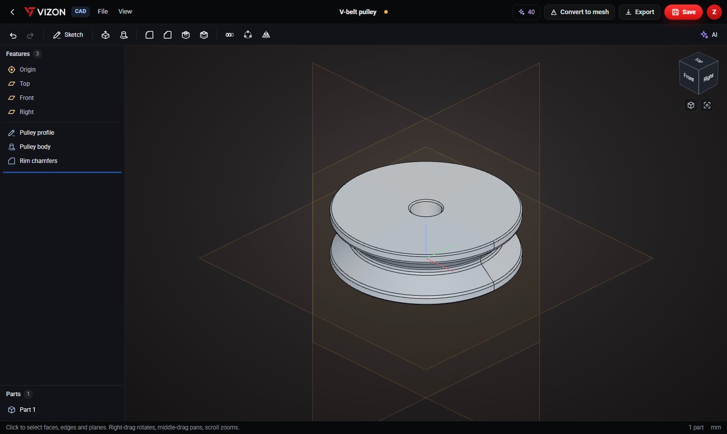 V-belt pulley parametric CAD model in the VIZON CAD editor