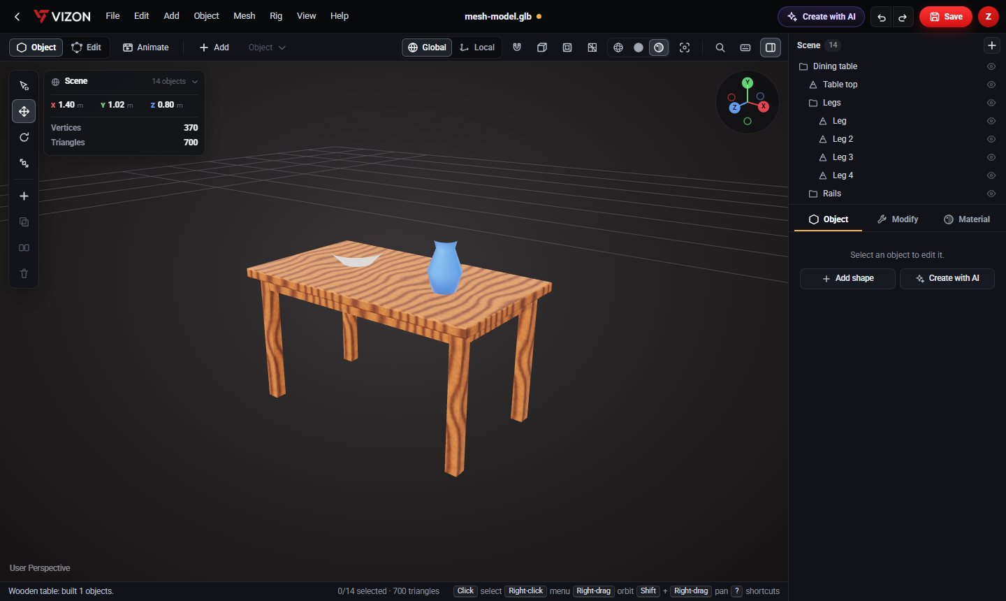 Wooden dining table 3D model in the VIZON 3D Model Creator