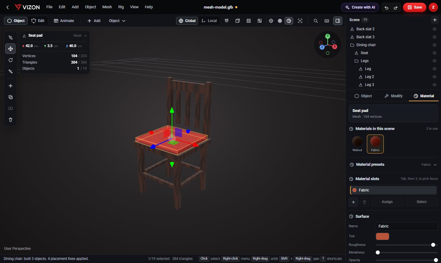 Changing the material of a chair seat pad in the VIZON material panel