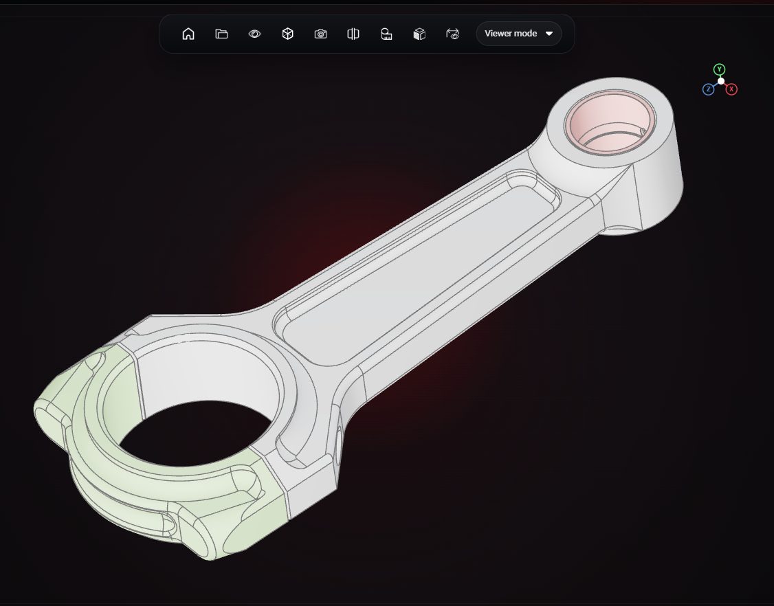 A connecting rod CAD model open in the VIZON online 3D model viewer