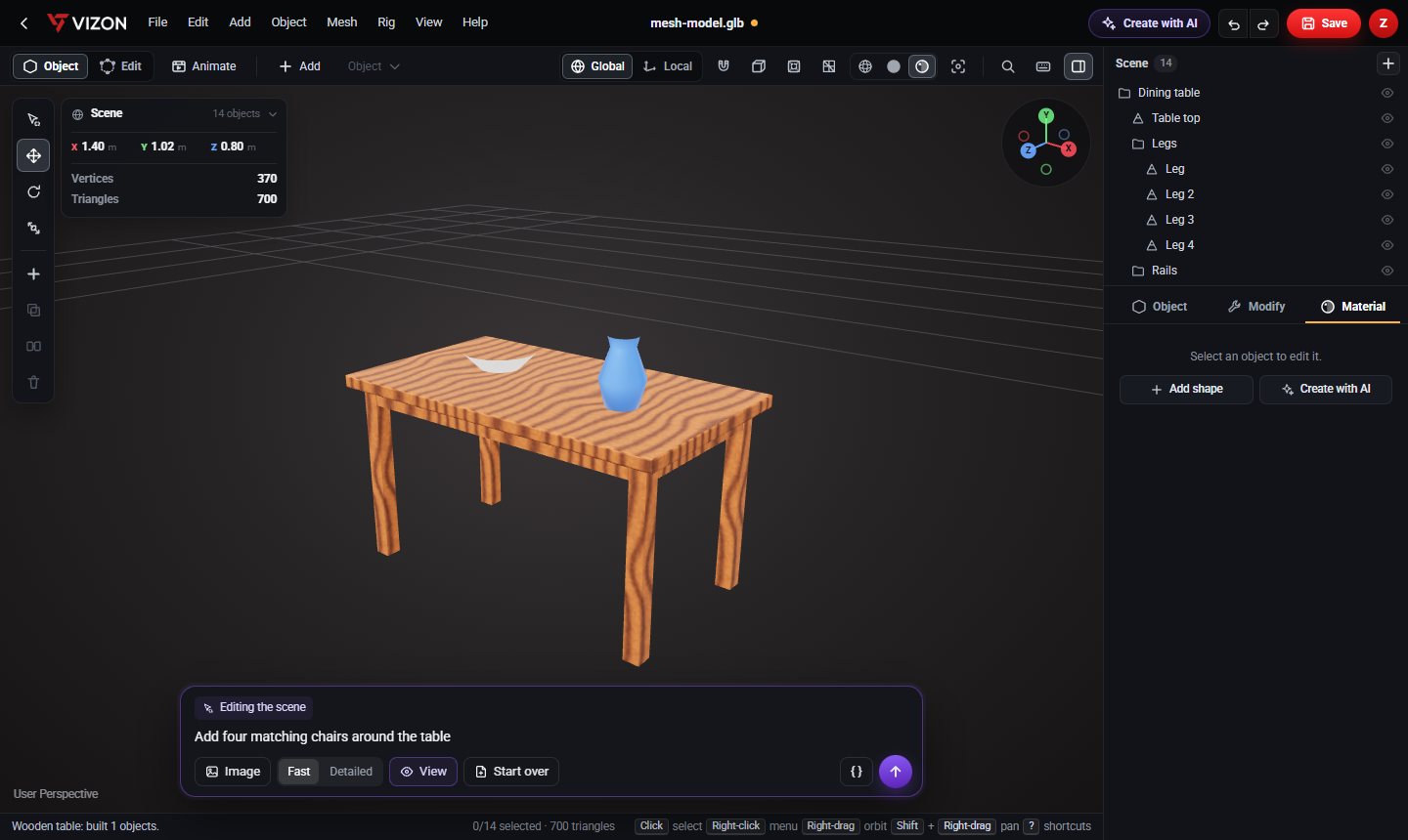 Asking the VIZON AI 3D model generator to add four chairs around a dining table
